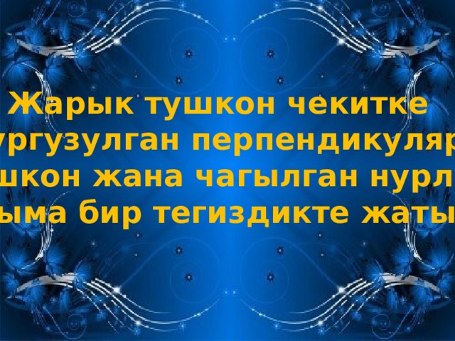 Жарык тушкон чекитке тургузулган перпендикуляр, тушкон жана чагылган нурлар  дайыма бир тегиздикте жатышат. 