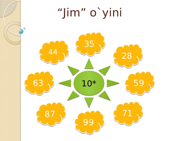 “ Jim” o`yini 35 44 28 10* 63 59 71 87 99 