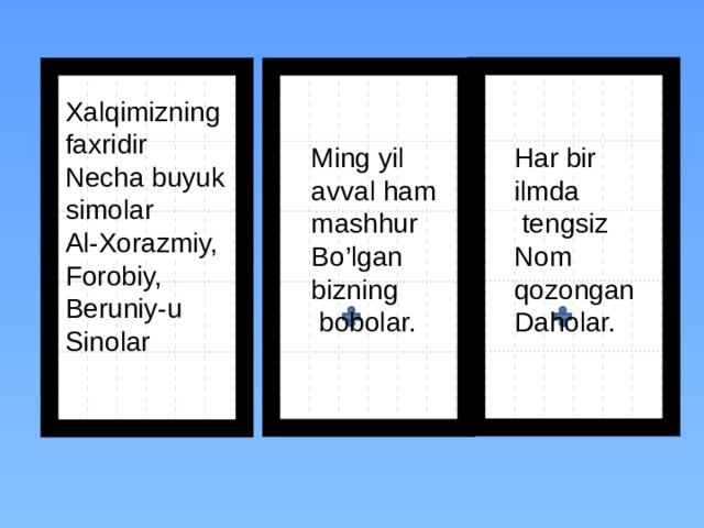 Xalqimizning faxridir Necha buyuk simolar Al-Xorazmiy, Forobiy, Beruniy-u Sinolar Har bir Ming yil avval ham ilmda mashhur  tengsiz Bo’lgan Nom qozongan bizning Daholar.  bobolar.  