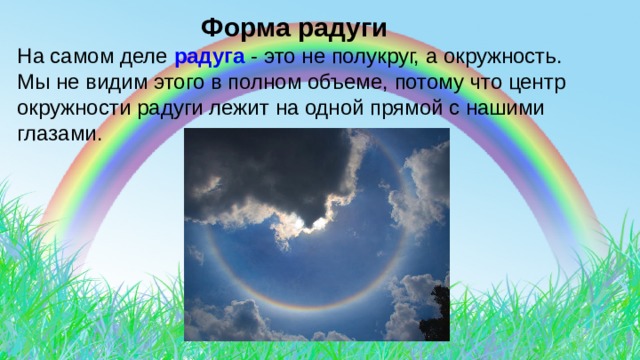  Форма радуги На самом деле радуга - это не полукруг, а окружность. Мы не видим этого в полном объеме, потому что центр окружности радуги лежит на одной прямой с нашими глазами. 