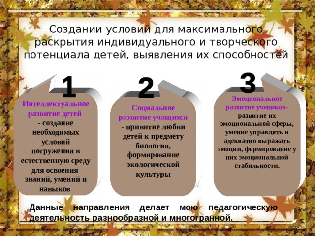 Социальное развитие учащихся - привитие любви детей к предмету биология, формирование экологической культуры Интеллектуальное развитие детей - создание необходимых условий погружения в естественную среду для освоения знаний, умений и навыков Эмоциональное развитие учеников-  развитие их эмоциональной сферы, умение управлять и адекватно выражать эмоции, формирование у них эмоциональной стабильности. Создании условий для максимального раскрытия индивидуального и творческого потенциала детей, выявления их способностей Данные направления делает мою педагогическую деятельность разнообразной и многогранной. 