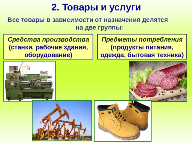 2. Товары и услуги Все товары в зависимости от назначения делятся на две группы: Средства производства (станки, рабочие здания, оборудование) Предметы потребления (продукты питания, одежда, бытовая техника) 