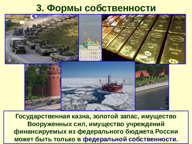 3. Формы собственности Государственная собственность принадлежит либо Российской Федерации ( федеральная собственность ), либо субъектам Российской Федерации ( собственность субъектов РФ ). Государственная казна, золотой запас, имущество Вооруженных сил, имущество учреждений финансируемых из федерального бюджета России может быть только в федеральной собственности . 