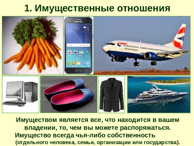 1. Имущественные отношения Имуществом является все, что находится в вашем владении, то, чем вы можете распоряжаться. Имущество всегда чья-либо собственность (отдельного человека, семьи, организации или государства). 