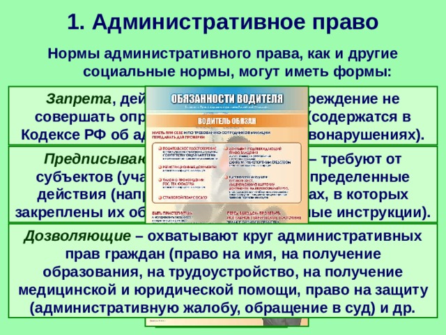 1. Административное право Нормы административного права, как и другие социальные нормы, могут иметь формы: Запрета , действующие как предупреждение не совершать определенные действия (содержатся в Кодексе РФ об административных правонарушениях). Предписывающие (обязывающие) – требуют от субъектов (участников) совершать определенные действия (напр. положения об органах, в которых закреплены их обязанности, должностные инструкции). Дозволяющие – охватывают круг административных прав граждан (право на имя, на получение образования, на трудоустройство, на получение медицинской и юридической помощи, право на защиту (административную жалобу, обращение в суд) и др. 