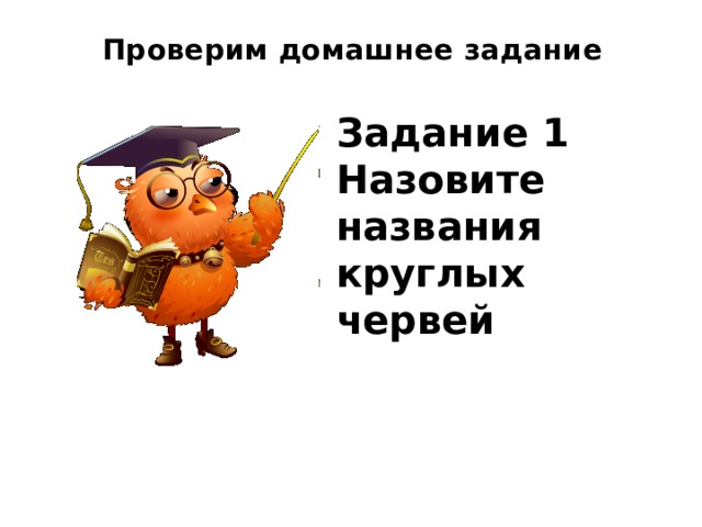 Проверим домашнее задание   Задание 1  Назовите названия круглых червей