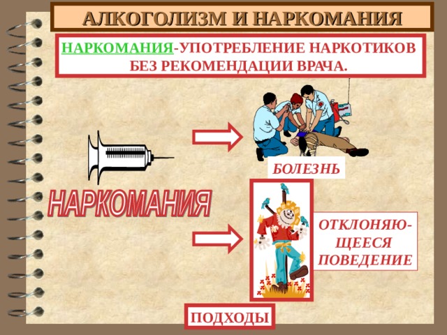АЛКОГОЛИЗМ И НАРКОМАНИЯ НАРКОМАНИЯ -УПОТРЕБЛЕНИЕ НАРКОТИКОВ БЕЗ РЕКОМЕНДАЦИИ ВРАЧА. БОЛЕЗНЬ ОТКЛОНЯЮ- ЩЕЕСЯ ПОВЕДЕНИЕ ПОДХОДЫ 