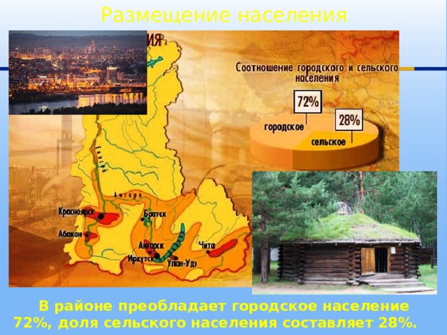 Размещение населения  В районе преобладает городское население 72%, доля сельского населения составляет 28%. 