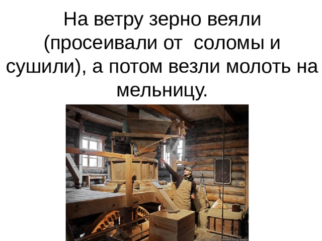 На ветру зерно веяли (просеивали от соломы и сушили), а потом везли молоть на мельницу.  