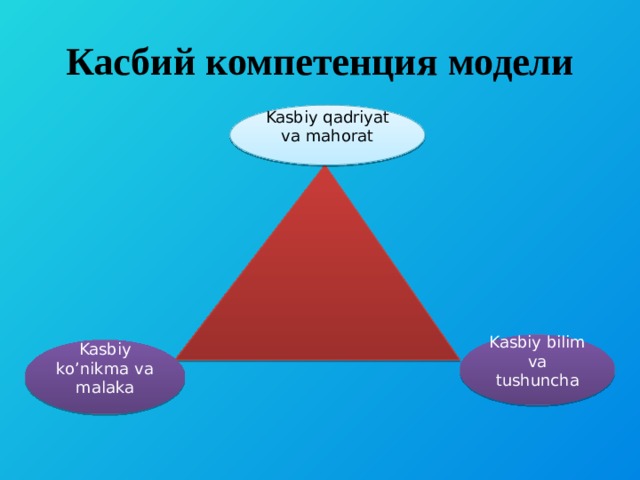 Касбий компетенция модели Kasbiy qadriyat va mahorat Kasbiy bilim va tushuncha Kasbiy ko’nikma va malaka 