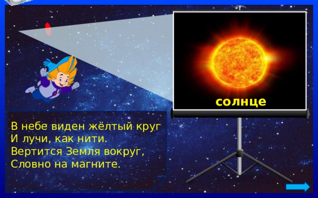 солнце В небе виден жёлтый круг И лучи, как нити. Вертится Земля вокруг, Словно на магните. 