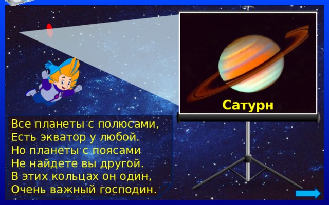 Сатурн Все планеты с полюсами, Есть экватор у любой. Но планеты с поясами Не найдете вы другой. В этих кольцах он один, Очень важный господин. 