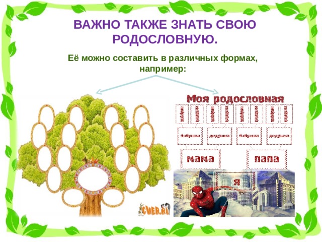 ВАЖНО ТАКЖЕ ЗНАТЬ СВОЮ РОДОСЛОВНУЮ. Её можно составить в различных формах, например: 