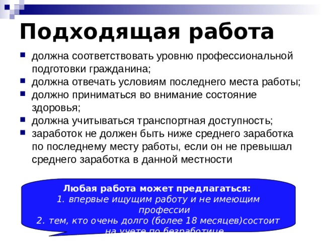 Подходящая работа должна соответствовать уровню профессиональной подготовки гражданина; должна отвечать условиям последнего места работы; должно приниматься во внимание состояние здоровья; должна учитываться транспортная доступность; заработок не должен быть ниже среднего заработка по последнему месту работы, если он не превышал среднего заработка в данной местности Любая работа может предлагаться:  впервые ищущим работу и не имеющим профессии тем, кто очень долго (более 18 месяцев)состоит  на учете по безработице 