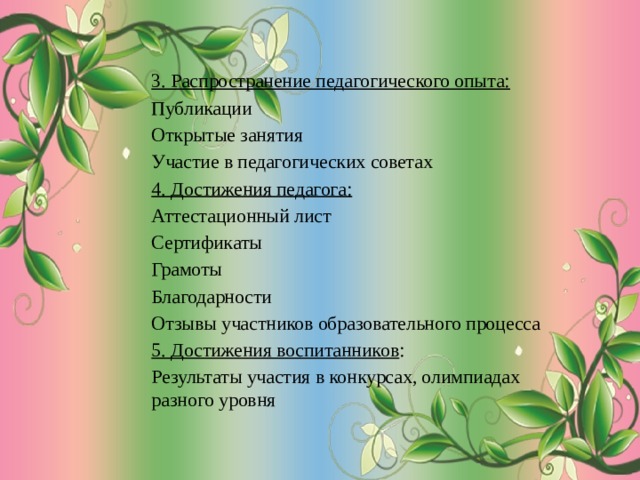 3. Распространение педагогического опыта: Публикации Открытые занятия Участие в педагогических советах 4. Достижения педагога: Аттестационный лист Сертификаты Грамоты Благодарности Отзывы участников образовательного процесса 5. Достижения воспитанников : Результаты участия в конкурсах, олимпиадах разного уровня   