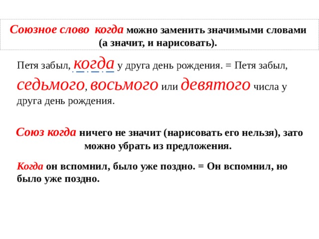 Союзное слово  когда  можно заменить значимыми словами (а значит, и нарисовать). Петя забыл, когда у друга день рождения. = Петя забыл, седьмого , восьмого или девятого числа у друга день рождения. Союз когда ничего не значит (нарисовать его нельзя), зато можно убрать из предложения. Когда он вспомнил, было уже поздно. = Он вспомнил, но было уже поздно. 