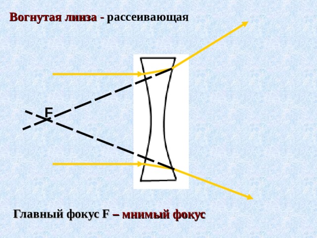 Вогнутая линза - рассеивающая F Главный фокус F  – мнимый фокус 