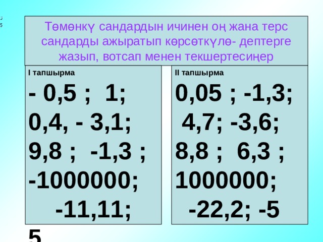  Төмөнкү сандардын ичинен оң жана терс сандарды ажыратып көрсөткүлө- дептерге жазып, вотсап менен текшертесиңер I тапшырма II тапшырма - 0,5 ; 1; 0,4, - 3,1; 9,8 ; -1,3 ; -1000000; -11,11; 5 0,05 ; -1,3; 4,7; -3,6; 8,8 ; 6,3 ; 1000000; -22,2; -5   