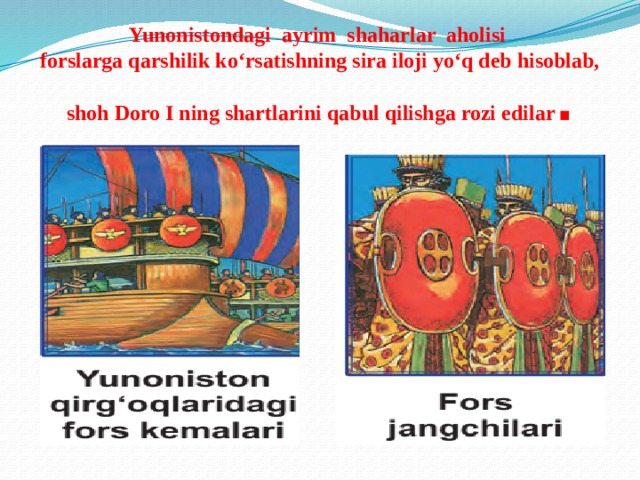 Yunonistondagi ayrim shaharlar aholisi  forslarga qarshilik ko‘rsatishning sira iloji yo‘q deb hisoblab,  shoh Doro I ning shartlarini qabul qilishga rozi edilar . 