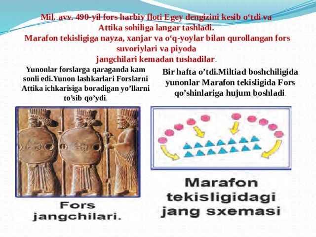 Mil. avv. 490-yil fors harbiy floti Egey dengizini kesib o‘tdi va  Attika sohiliga langar tashladi.  Marafon tekisligiga nayza, xanjar va o‘q-yoylar bilan qurollangan fors suvoriylari va piyoda  jangchilari kemadan tushadilar . Bir hafta o’tdi.Miltiad boshchiligida yunonlar Marafon tekisligida Fors qo’shinlariga hujum boshladi . Yunonlar forslarga qaraganda kam sonli edi.Yunon lashkarlari Forslarni Attika ichkarisiga boradigan yo’llarni to’sib qo’ydi . 