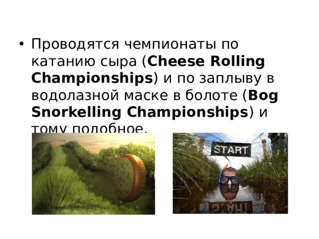 Проводятся чемпионаты по катанию сыра ( Cheese Rolling Championships ) и по заплыву в водолазной маске в болоте ( Bog Snorkelling Championships ) и тому подобное. 