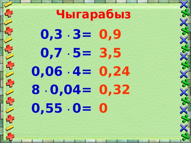 Чыгарабыз 0,3 . 3= 0,7 . 5= 0,06 . 4= 8 . 0,04= 0,55 . 0=  0,9 3,5 0,24 0,32 0 