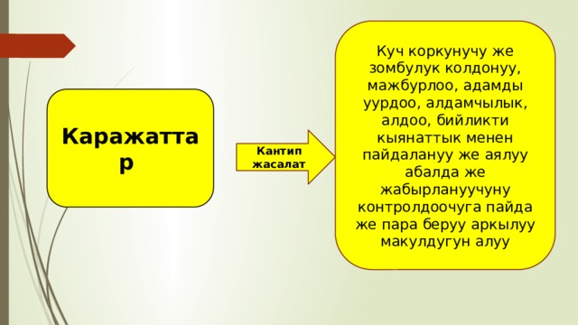 Куч коркунучу же зомбулук колдонуу, мажбурлоо, адамды уурдоо, алдамчылык, алдоо, бийликти кыянаттык менен пайдалануу же аялуу абалда же жабырлануучуну контролдоочуга пайда же пара беруу аркылуу макулдугун алуу Каражаттар Кантип жасалат 
