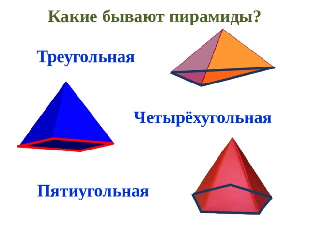 Какие бывают пирамиды? Треугольная Четырёхугольная Пятиугольная 