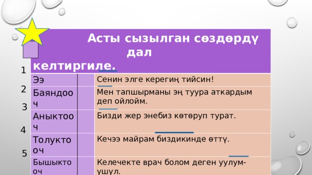  Асты сызылган сөздөрдү Ээ  дал келтиргиле. Баяндооч Сенин элге керегиң тийсин! Аныктооч Мен тапшырманы эң туура аткардым деп ойлойм. Толуктооч Бизди жер энебиз көтөруп турат. Бышыктооч Кечээ майрам биздикинде өттү. Келечекте врач болом деген уулум-ушул. 1 2 3 4 5 