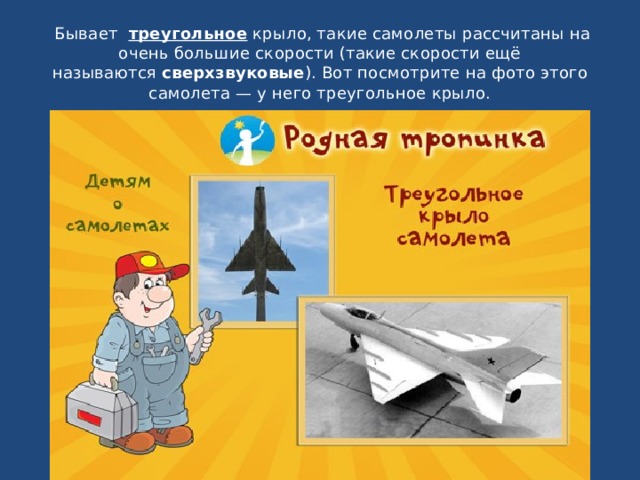   Бывает   треугольное  крыло, такие самолеты рассчитаны на очень большие скорости (такие скорости ещё называются  сверхзвуковые ). Вот посмотрите на фото этого самолета — у него треугольное крыло. 