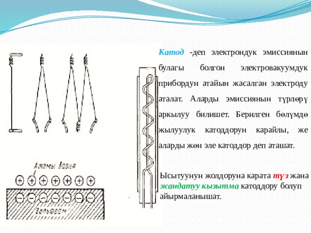 Катод - деп электрондук эмиссиянын булагы болгон электровакуумдук прибордун атайын жасалган электроду аталат. Аларды эмиссиянын түрлөрү аркылуу билишет. Берилген бөлүмдө жылуулук катоддорун карайлы, же аларды жөн эле катоддор деп аташат. Ысытуунун жолдоруна карата түз  жана жандатуу кызытма катоддору болуп айырмаланышат. 