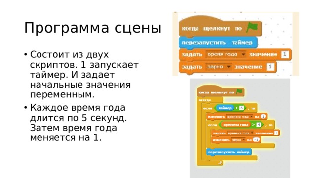 Программа сцены Состоит из двух скриптов. 1 запускает таймер. И задает начальные значения переменным. Каждое время года длится по 5 секунд. Затем время года меняется на 1. 
