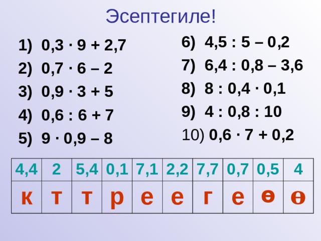 Эсептегиле! 6) 4,5 : 5 – 0,2 7) 6,4 : 0,8 – 3,6 8) 8 : 0,4 · 0,1 9) 4 : 0,8 : 10 10) 0,6 · 7 + 0,2  1) 0,3 · 9 + 2,7 2) 0,7 · 6 – 2 3) 0,9 · 3 + 5 4) 0,6 : 6 + 7 5) 9 · 0,9 – 8 4,4 к 2 т 5,4 0,1 т 7,1 р е 2,2 7,7 е г 0,7 е 0,5 ɵ 4 ɵ 