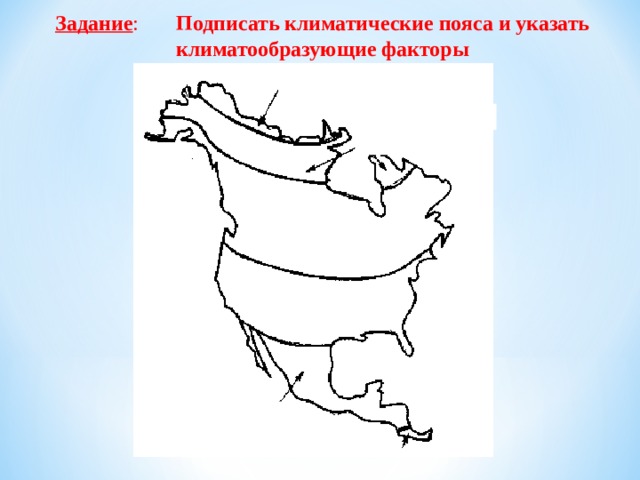 Задание : Подписать климатические пояса и указать климатообразующие факторы 