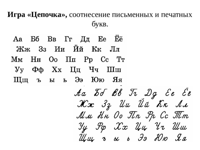 Игра «Цепочка», соотнесение письменных и печатных букв. 