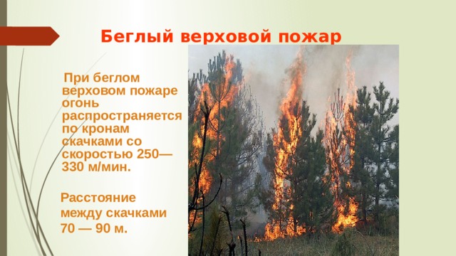 Беглый верховой пожар  При беглом верховом пожаре огонь распространяется по кронам скачками со скоростью 250—330 м/мин.   Расстояние  между скачками  70 — 90 м.  