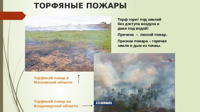 ТОРФЯНЫЕ ПОЖАРЫ Торф горит под землей без доступа воздуха и даже под водой! Причина – лесной пожар. Признак пожара – горячая земля и дым из почвы. Торфяной пожар в Московской области   Торфяной пожар во Владимирской области 