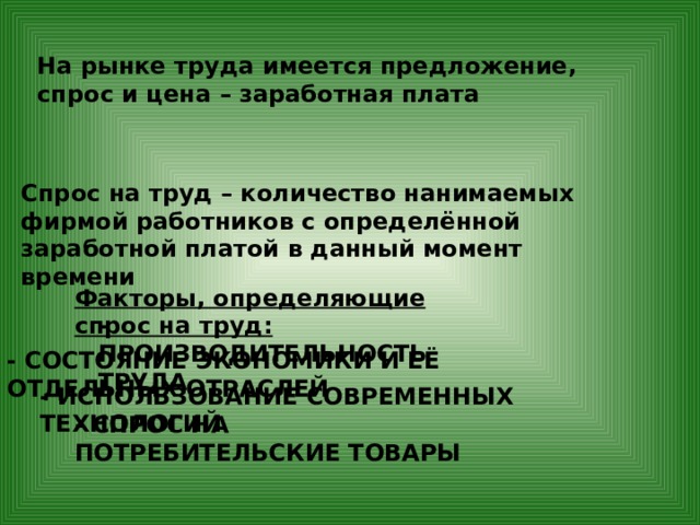 На рынке труда имеется предложение, спрос и цена – заработная плата Спрос на труд – количество нанимаемых фирмой работников с определённой заработной платой в данный момент времени Факторы, определяющие спрос на труд: - ПРОИЗВОДИТЕЛЬНОСТЬ ТРУДА - СОСТОЯНИЕ ЭКОНОМИКИ И ЕЁ ОТДЕЛЬНЫХ ОТРАСЛЕЙ - ИСПОЛЬЗОВАНИЕ СОВРЕМЕННЫХ ТЕХНОЛОГИЙ - СПРОС НА ПОТРЕБИТЕЛЬСКИЕ ТОВАРЫ 