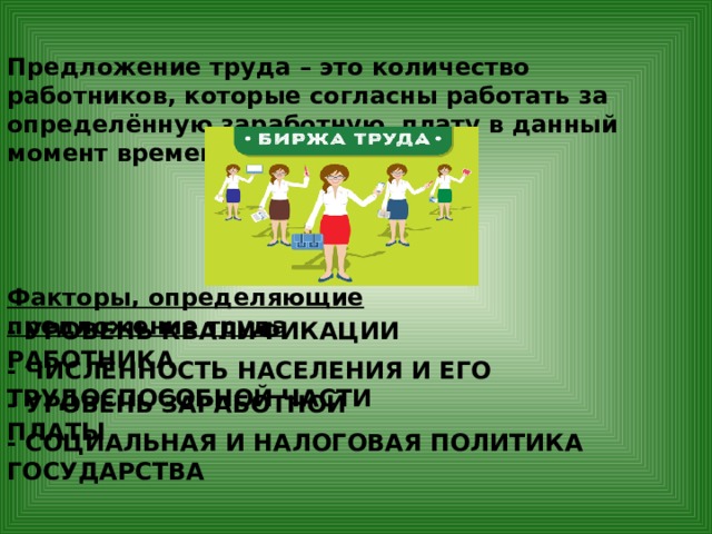 Предложение труда – это количество работников, которые согласны работать за определённую заработную плату в данный момент времени Факторы, определяющие предложение труда - УРОВЕНЬ КВАЛИФИКАЦИИ РАБОТНИКА - ЧИСЛЕННОСТЬ НАСЕЛЕНИЯ И ЕГО ТРУДОСПОСОБНОЙ ЧАСТИ - УРОВЕНЬ ЗАРАБОТНОЙ ПЛАТЫ - СОЦИАЛЬНАЯ И НАЛОГОВАЯ ПОЛИТИКА ГОСУДАРСТВА 