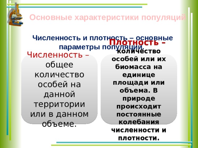 Основные характеристики популяций Численность и плотность – основные параметры популяции. Численность – общее количество особей на данной территории или в данном объеме. Плотность – количество особей или их биомасса на единице площади или объема. В природе происходит постоянные колебания численности и плотности. 