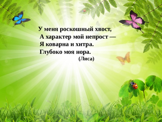У меня роскошный хвост,  А характер мой непрост —  Я коварна и хитра.  Глубоко моя нора.  (Лиса)   