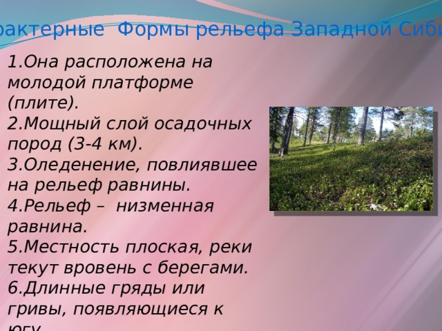 Характерные Формы рельефа Западной Сибири 1.Она расположена на молодой платформе (плите). 2.Мощный слой осадочных пород (3-4 км). 3.Оледенение, повлиявшее на рельеф равнины. 4.Рельеф – низменная равнина. 5.Местность плоская, реки текут вровень с берегами. 6.Длинные гряды или гривы, появляющиеся к югу.  