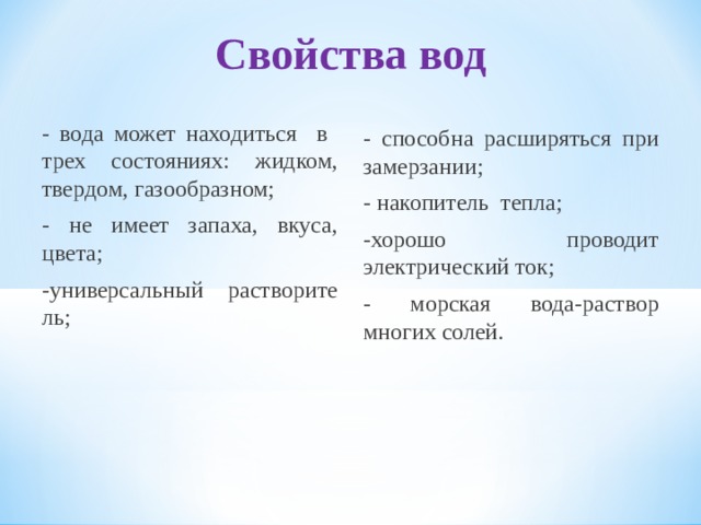 Свойства вод - вода может находиться в трех состояниях: жидком, твердом, газообразном; - не имеет запаха, вкуса, цвета; -универсальный растворите ль; - способна расширяться при замерзании; - накопитель тепла; -хорошо проводит электрический ток; - морская вода-раствор многих солей.  