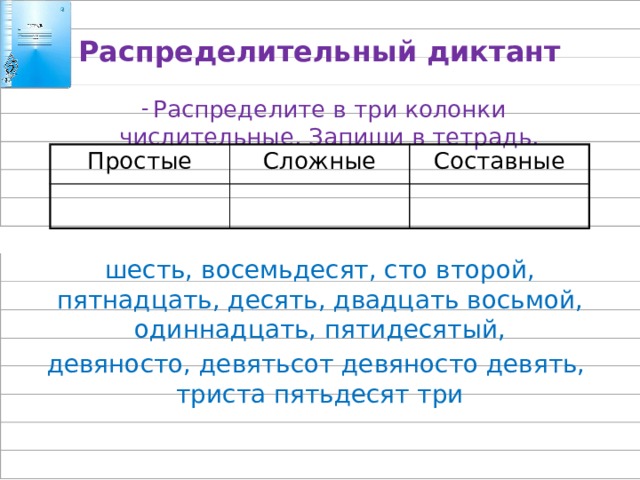 Распределительный диктант Распределите в три колонки числительные. Запиши в тетрадь. Простые Сложные Составные шесть, восемьдесят, сто второй, пятнадцать, десять, двадцать восьмой, одиннадцать, пятидесятый, девяносто, девятьсот девяносто девять, триста пятьдесят три 
