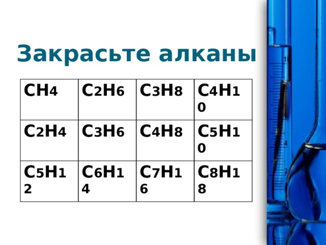 Закрасьте алканы СН 4 С 2 Н 6 С 2 Н 4 С 3 Н 6 С 3 Н 8 С 5 Н 12 С 4 Н 10 С 4 Н 8 С 6 Н 14 С 5 Н 10 С 7 Н 16 С 8 Н 18 