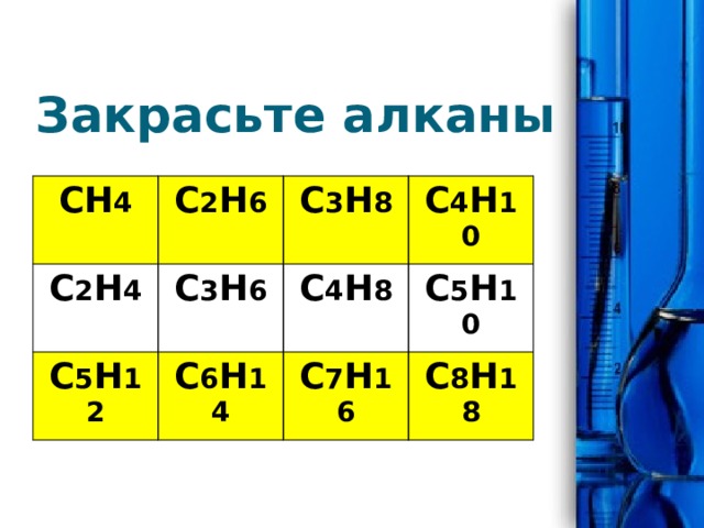 Закрасьте алканы СН 4 С 2 Н 6 С 2 Н 4 С 3 Н 6 С 3 Н 8 С 5 Н 12 С 4 Н 10 С 4 Н 8 С 6 Н 14 С 5 Н 10 С 7 Н 16 С 8 Н 18 