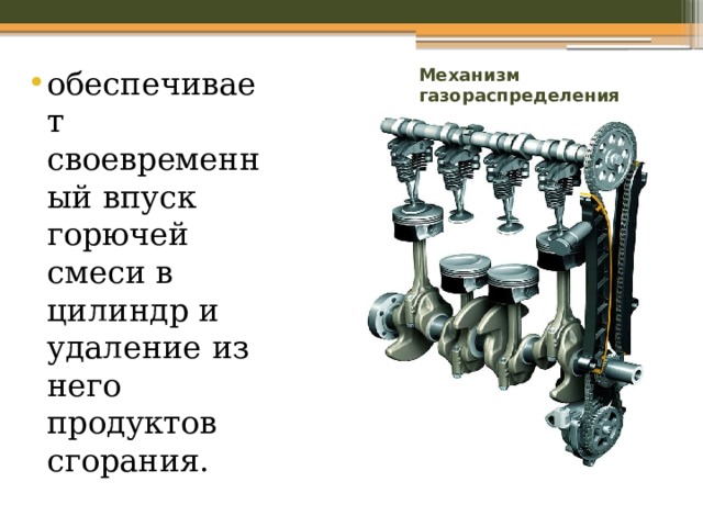 Механизм газораспределения обеспечивает своевременный впуск горючей смеси в цилиндр и удаление из него продуктов сгорания. 