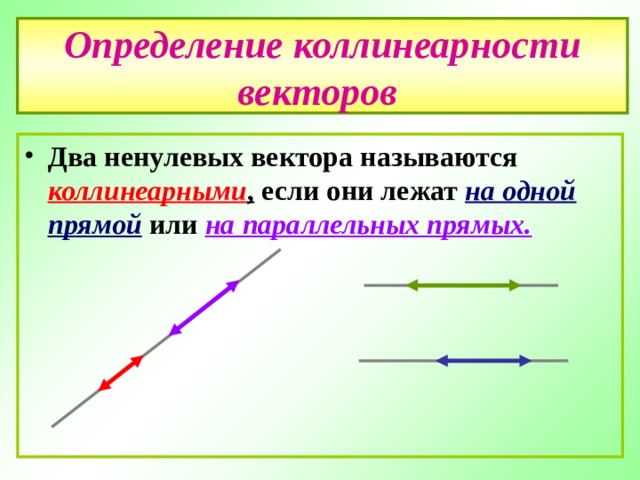 Определение коллинеарности векторов  Два ненулевых вектора называются коллинеарными , если они лежат на одной  прямой или на параллельных прямых. 