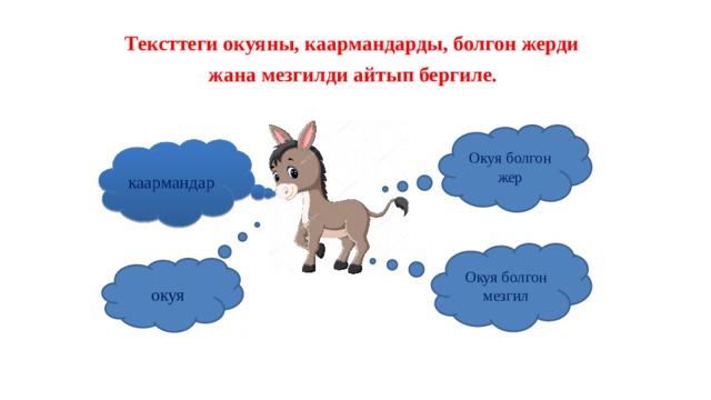  Тексттеги окуяны, каармандарды, болгон жерди жана мезгилди айтып бергиле. Окуя болгон жер каармандар Окуя болгон мезгил окуя 