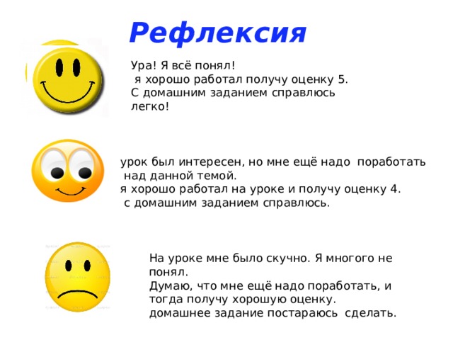 Рефлексия Ура! Я всё понял!  я хорошо работал получу оценку 5. С домашним заданием справлюсь легко! урок был интересен, но мне ещё надо поработать  над данной темой. я хорошо работал на уроке и получу оценку 4.  с домашним заданием справлюсь. На уроке мне было скучно. Я многого не понял. Думаю, что мне ещё надо поработать, и тогда получу хорошую оценку. домашнее задание постараюсь сделать. 
